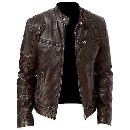 Load image into Gallery viewer, Motorcycle Jacket Mens Slim Fit Short-Coat Collar PU Jackets Winter Autumn Zipper Stand Windproof Leather Fashion Coat Plus Size
