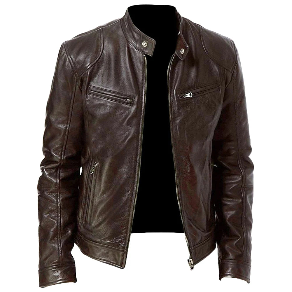 Motorcycle Jacket Mens Slim Fit Short-Coat Collar PU Jackets Winter Autumn Zipper Stand Windproof Leather Fashion Coat Plus Size