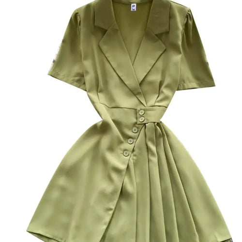 Load image into Gallery viewer, Women Black Single Breasted Temperament Blazer Dress 2024 Summer Clothing Green Elegant Office Short Sleeve Pleated Mini Dresses
