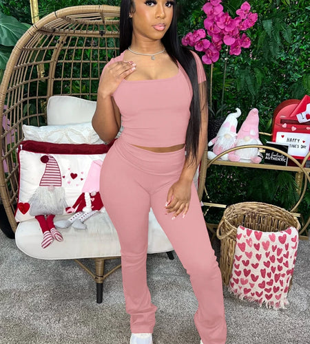 Ribbed 2 Piece Sets Solid Square Collar Short Sleeve Sexy Crop T-Shirt Pants Summer Women Casual Outfits Sport Vacation