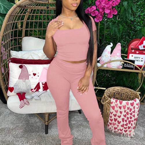 Load image into Gallery viewer, Ribbed 2 Piece Sets Solid Square Collar Short Sleeve Sexy Crop T-Shirt Pants Summer Women Casual Outfits Sport Vacation
