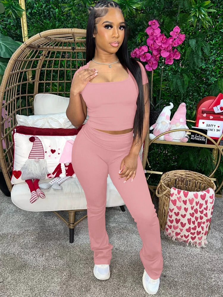 Ribbed 2 Piece Sets Solid Square Collar Short Sleeve Sexy Crop T-Shirt Pants Summer Women Casual Outfits Sport Vacation