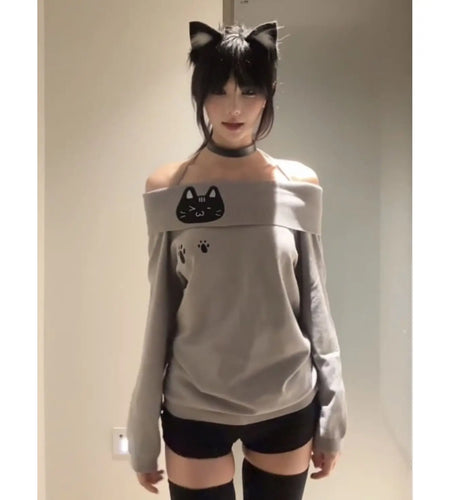 Ropa Mujer Y2k T Shirts Women Clothes Korean Tees Long Sleeve Tunic Embroidery Cat Camisetas Slash Neck Fashion Sexy Tshirt