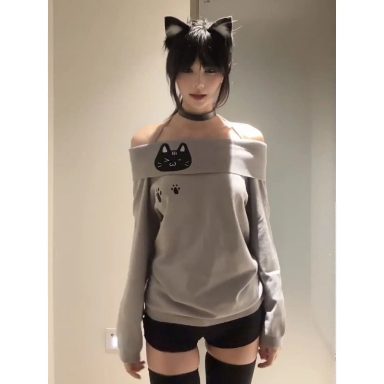 Ropa Mujer Y2k T Shirts Women Clothes Korean Tees Long Sleeve Tunic Embroidery Cat Camisetas Slash Neck Fashion Sexy Tshirt