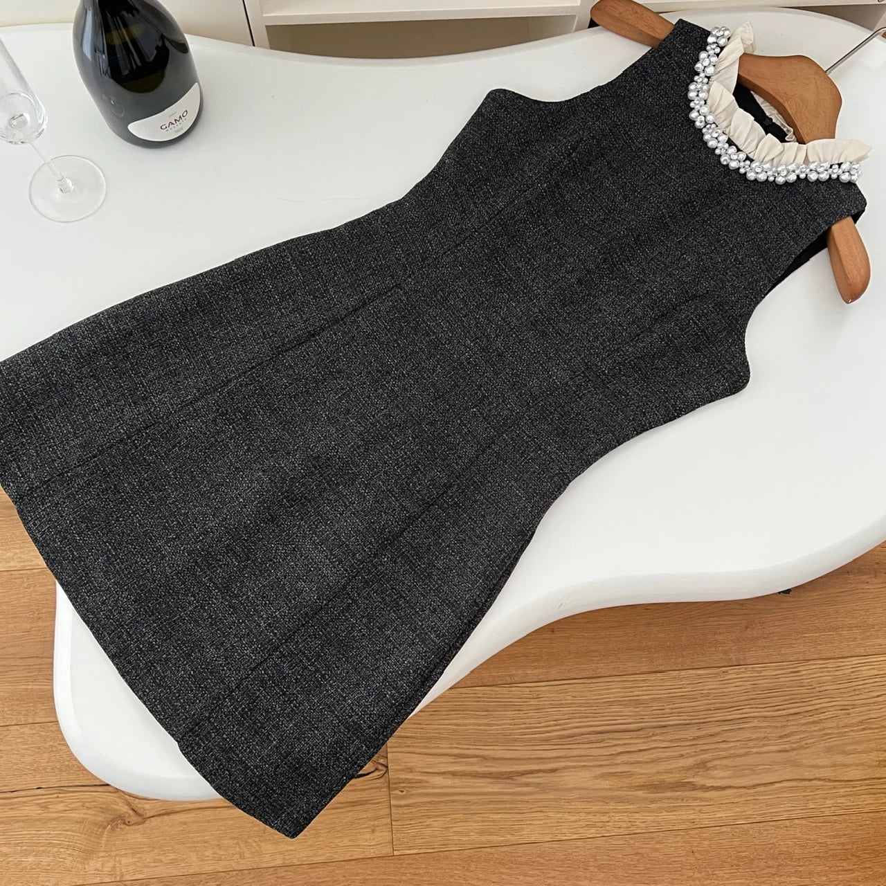 Autumn Winter Fashion Women's Set 2024 New Korean Gray Button Short Coat And Round Neck Ruffles Pearl Vest Dress Two Piece Suits