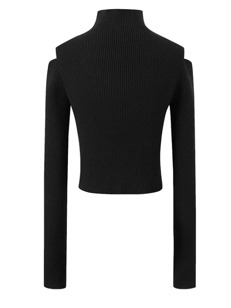 Solid Hollow Out Sexy Slimming Knitting Sweaters For Women Mock Neck Long Sleeve Cold Shoulder Sweater Female