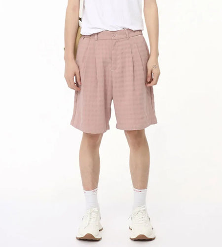 Men's Shorts Casual Plaid Elastic Waist Loose Straight Wide Leg Solid Color Male Trousers Simple Summer 9C6726