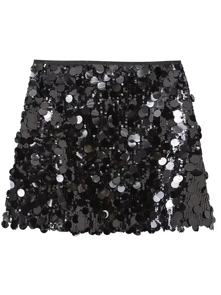 Women Fashion With Sequined Solid Side Zipper Mini Skirt Vintage High Waist Female Chic Lady Skirts