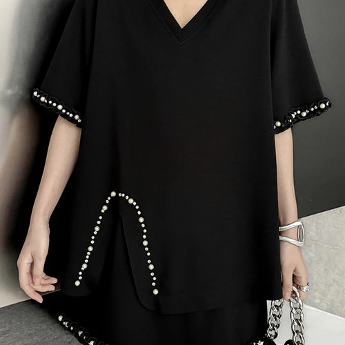 Load image into Gallery viewer, Black Pearled T-shirt Mini Skirt Two Pieces Suit New Round Neck Short Sleeve Women Fashion Spring Summer 2025 1DJ1124
