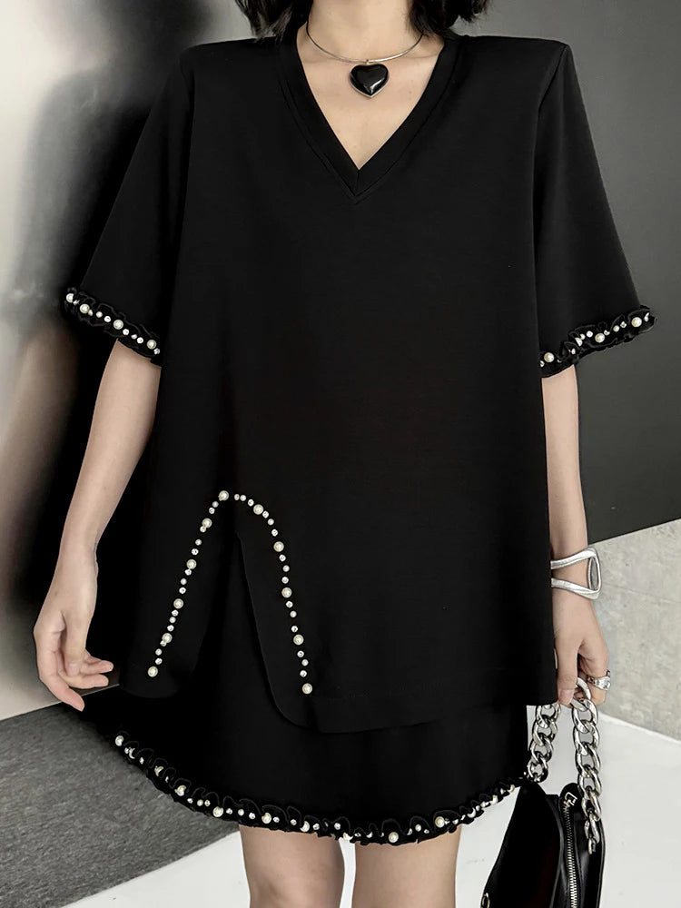 Black Pearled T-shirt Mini Skirt Two Pieces Suit New Round Neck Short Sleeve Women Fashion Spring Summer 2025 1DJ1124