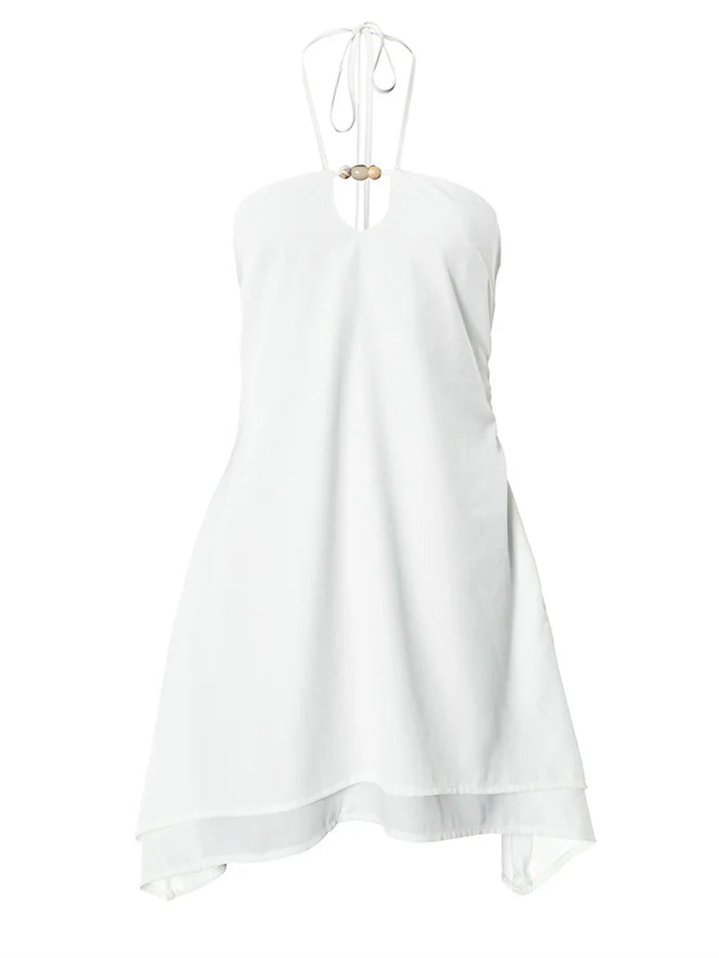 Halter Off-shoulder Backless Sexy Mini Dress Women White Hollow Out Strapless Lace-up A-line Club Dress Summer 2025