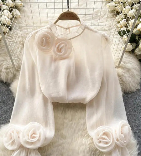 Vintage French Style Solid Elegant 3d Floral Blouses Autumn Women's Vintage Long Sleeve Shirts Holiday Ruffles Tops Simplicity
