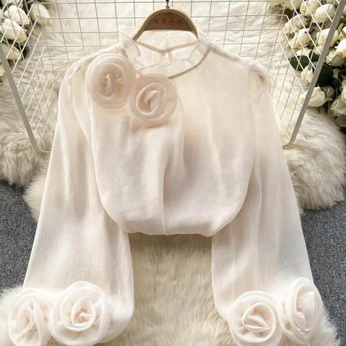 Load image into Gallery viewer, Vintage French Style Solid Elegant 3d Floral Blouses Autumn Women's Vintage Long Sleeve Shirts Holiday Ruffles Tops Simplicity

