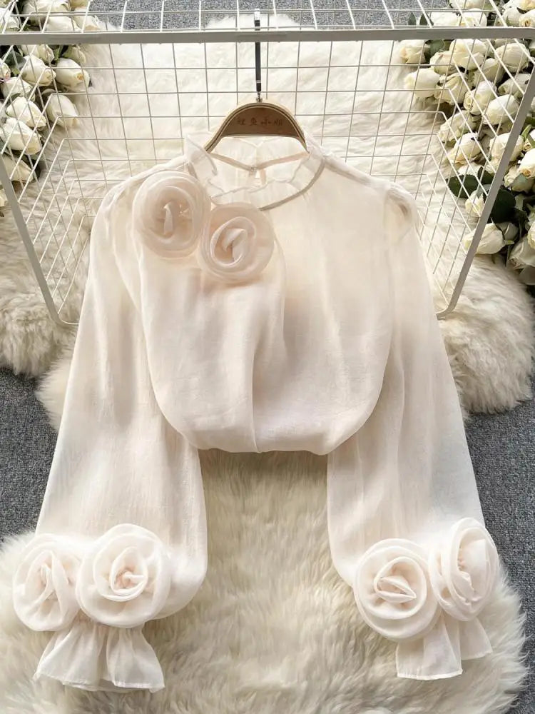Vintage French Style Solid Elegant 3d Floral Blouses Autumn Women's Vintage Long Sleeve Shirts Holiday Ruffles Tops Simplicity