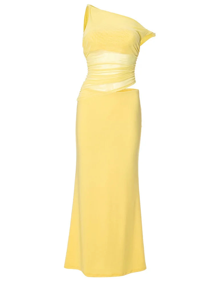 Diagonal Collar Backless Sexy Maxi Dress Women Gown Summer New Sleeveless Sheer Mesh Hollow Out Elegant Long Dress