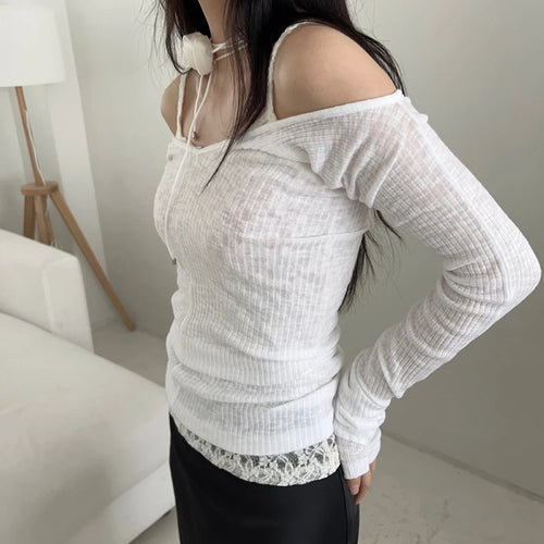 Load image into Gallery viewer, Autumn Korean Fashion White Women T-shirts Long Sleeve Slim Two Pieces Set Girls New Top Folds Basic Clothes Cute
