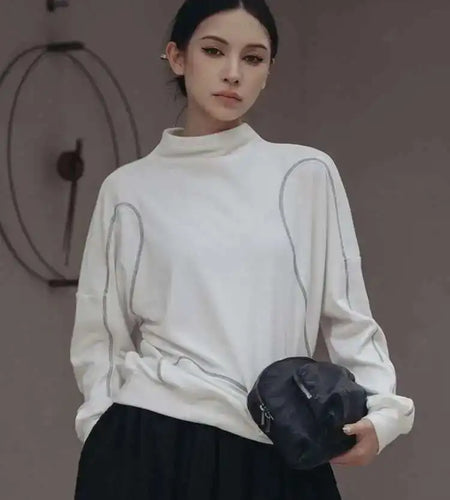 Loose Fit White Topstitched Sweatshirt New Turtleneck Long Sleeve Women Big Size Fashion Tide Spring Autumn 2025 1DF1290