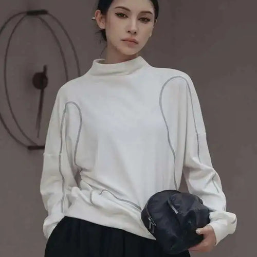 Load image into Gallery viewer, Loose Fit White Topstitched Sweatshirt New Turtleneck Long Sleeve Women Big Size Fashion Tide Spring Autumn 2025 1DF1290
