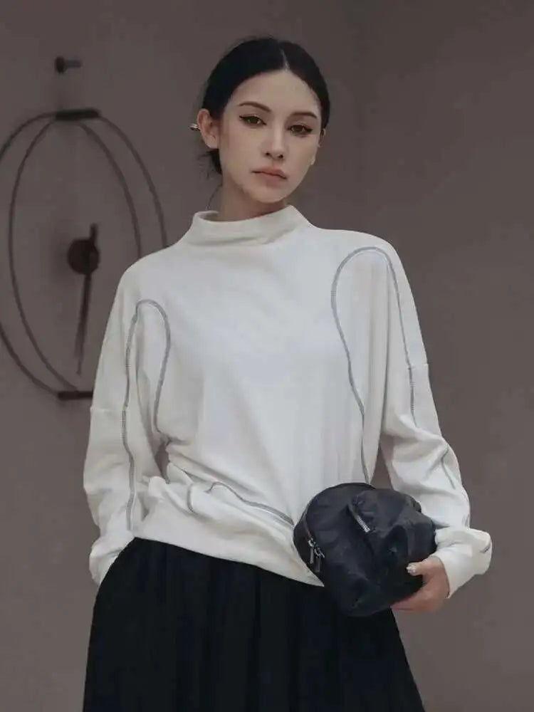 Loose Fit White Topstitched Sweatshirt New Turtleneck Long Sleeve Women Big Size Fashion Tide Spring Autumn 2025 1DF1290