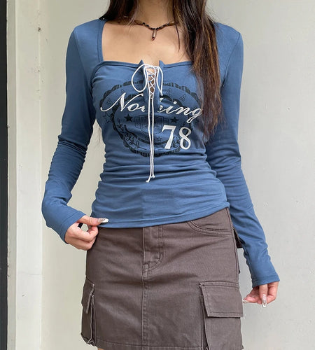 Streetwear Letter Printed Slim Autumn T-shirts for Women Lace Up Harajuku Top Square Neck Retro Tee Shirts Aesthetic