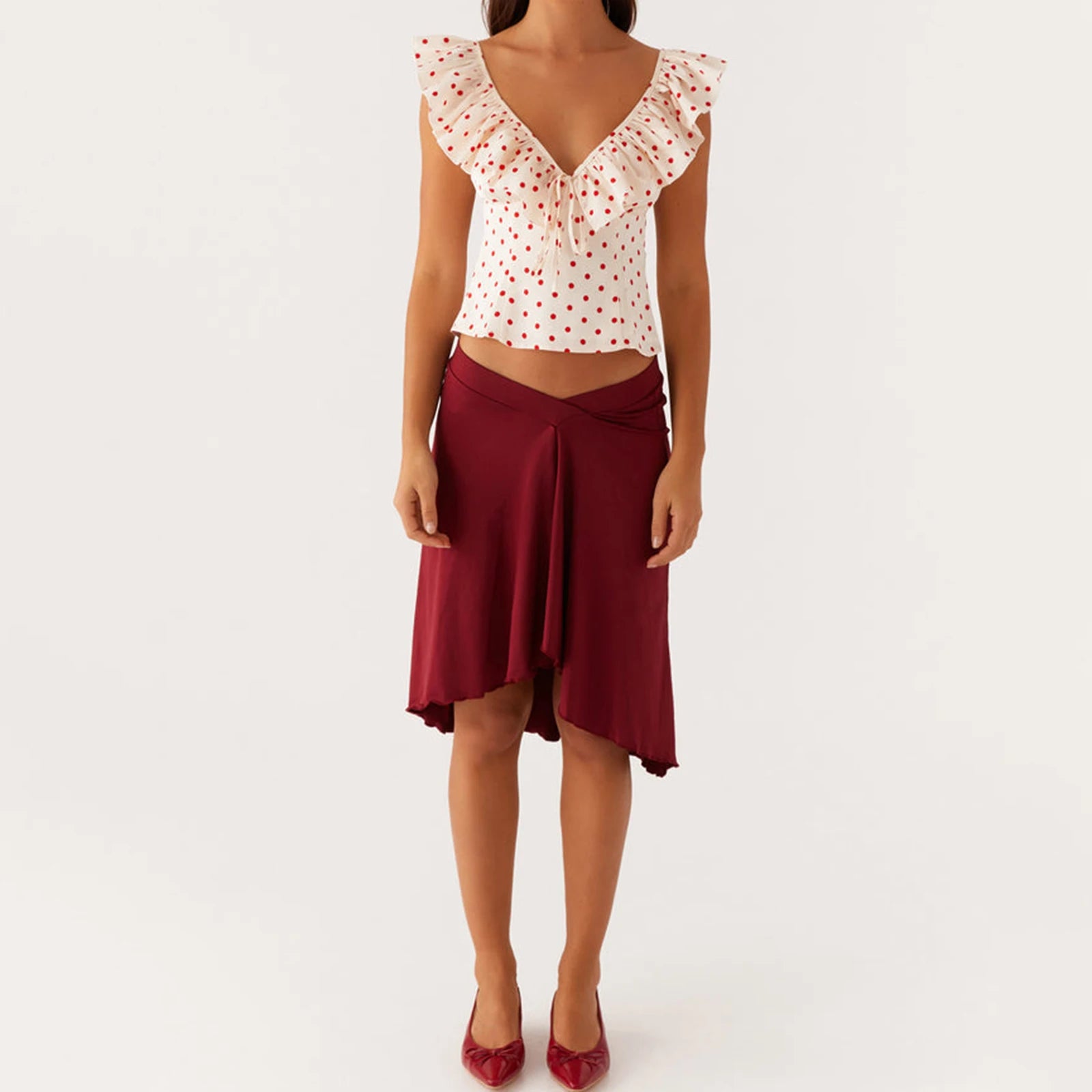 Polka Dot Crop Tops Summer Women Clothes Print Bow V Neck Short Sleeve Ruffle Trim T Shirts 2000s Clothing Streetwear