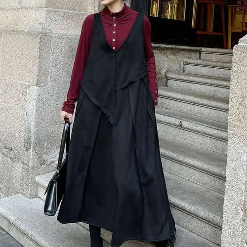 Load image into Gallery viewer, Women Black Irregular Spliced Big Size Long Strap Dress New V-Neck Sleeveless Fashion Tide Spring Autumn 2025 1DH7700
