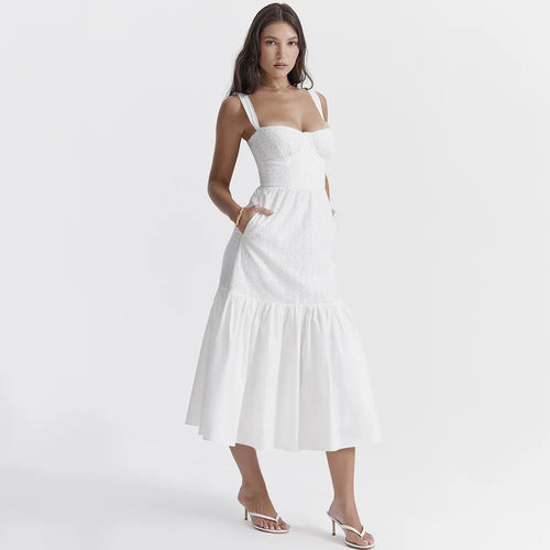 Load image into Gallery viewer, Elegant White Spaghetti Strap Midi Dress For Women Fashion Strapless Sleeveless Backless A-line Club Party Dress
