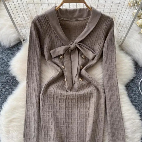Load image into Gallery viewer, French Fashion Women Solid Elegant Button Bandage V Neck Short Dress Autumn Long Sleeves Knitted Sweater Mini Dress Trend Simple
