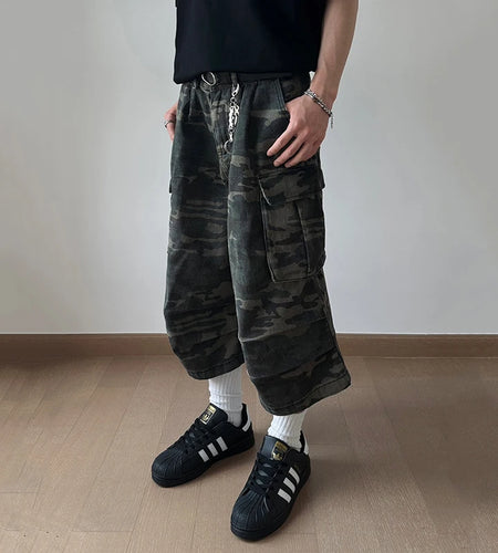 American Style Men's Denim Shorts Large Pocket Camouflage Workwear Trousers Straight Leg Casual Male Jeans 9C6708