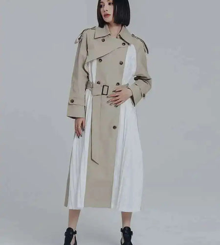 Women Khaki Pleated Big Size Long Trench New Lapel Long Sleeve Loose Fit Windbreaker Fashion Spring Autumn 2025 1DF0722