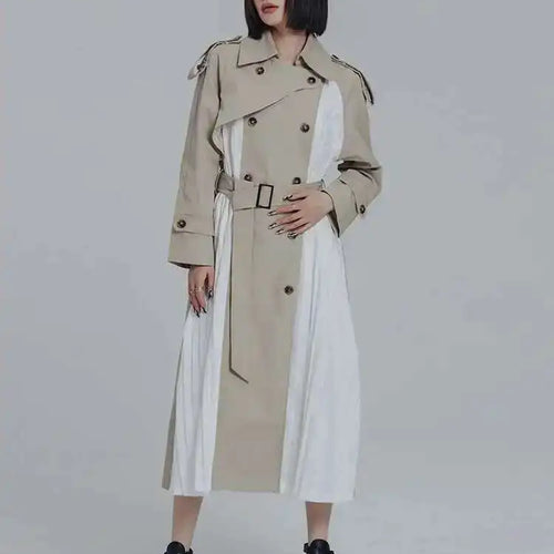 Load image into Gallery viewer, Women Khaki Pleated Big Size Long Trench New Lapel Long Sleeve Loose Fit Windbreaker Fashion Spring Autumn 2025 1DF0722
