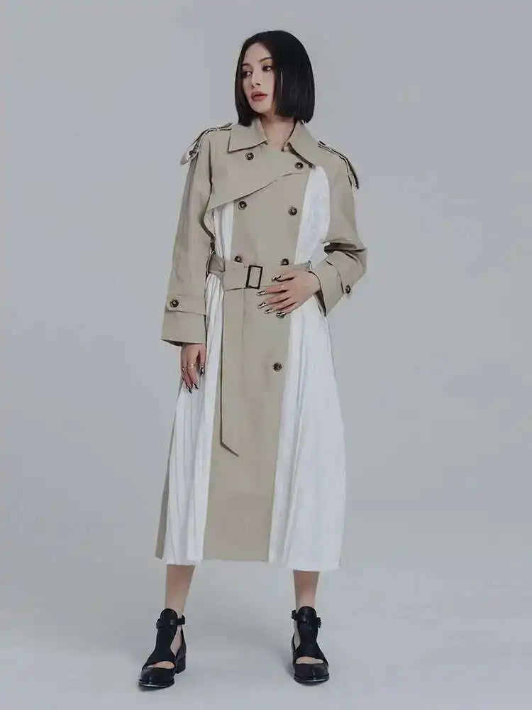 Women Khaki Pleated Big Size Long Trench New Lapel Long Sleeve Loose Fit Windbreaker Fashion Spring Autumn 2025 1DF0722
