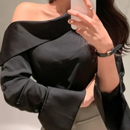 Load image into Gallery viewer, Elegant Women Sexy Korean One Black Top Spring Summer Leisure Versatile Women&#39;s Off The Shoulder Long Sleeved White Blouses
