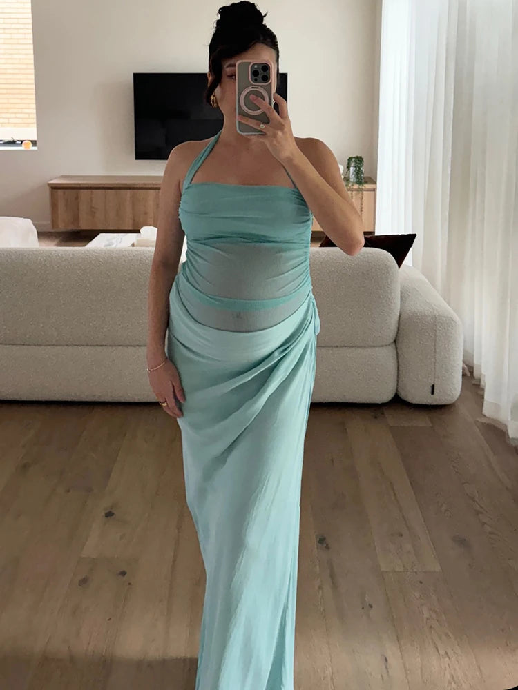 Patchwork Sexy Hollow Out Halter Women Maxi Dress Coffee See Through Evening Dress Spring Slim Elegant Party Clubwear