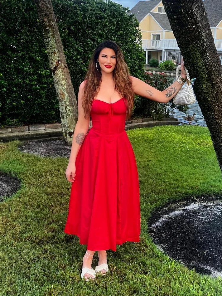 Full Lining Elegant Lace Up Holiday Party Dresses Midi Sexy Spaghetti Strap Split Dress White Summer Dress Women 2023