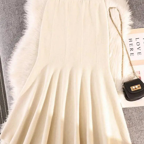 Load image into Gallery viewer, Autumn Winter Black Pleated Knit Fishtail Skirt Women 2023 Fashion Beige Bodycon Mermaid Midi Skirt Pink Elastic High Waist Slim
