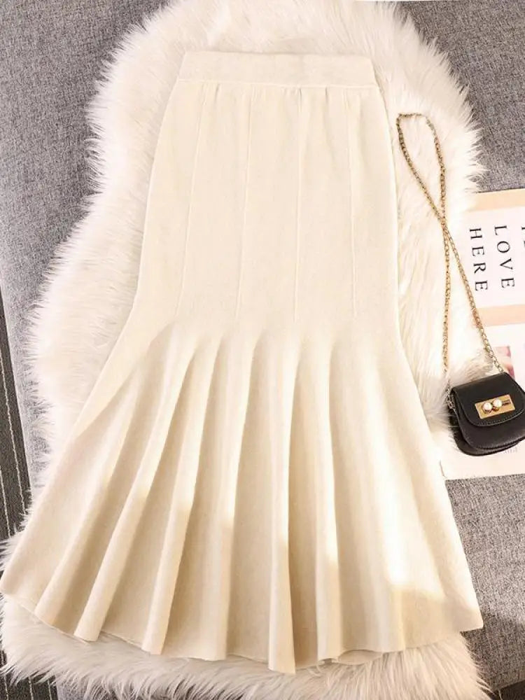 Autumn Winter Black Pleated Knit Fishtail Skirt Women 2023 Fashion Beige Bodycon Mermaid Midi Skirt Pink Elastic High Waist Slim