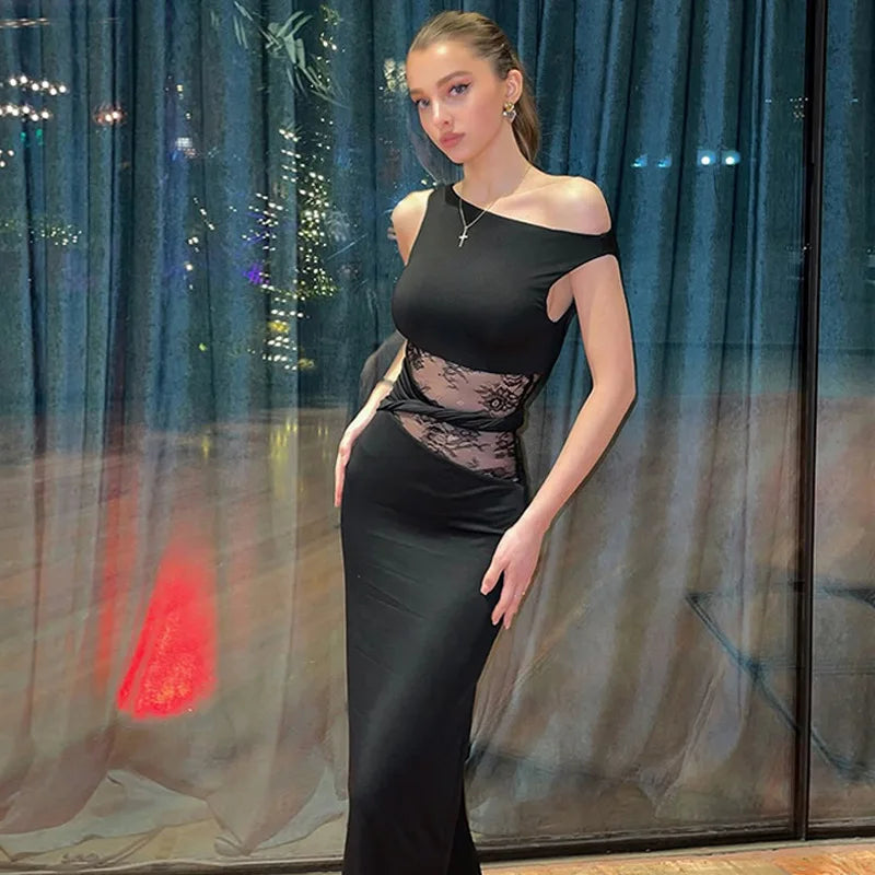 Sheer Lace Sleeveless Sexy Maxi Dress For Women Gown Summer Patchwork Fashion O Neck Bodycon Long Tank Dress Vestido