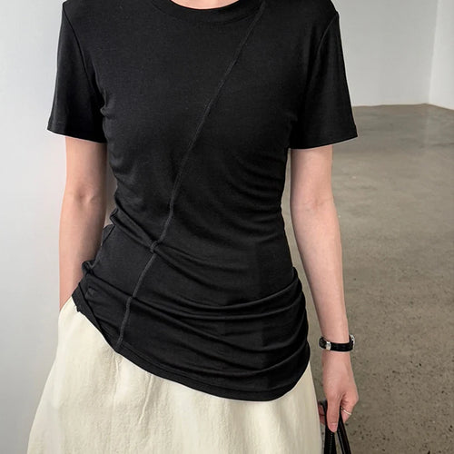 Load image into Gallery viewer, Women Beige Black Irregular Slim Elegant T-shirt New Round Neck Short Sleeve Fashion Tide Spring Summer 2025 1DJ1909
