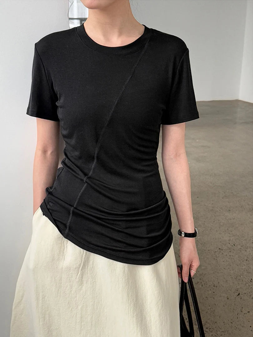 Women Beige Black Irregular Slim Elegant T-shirt New Round Neck Short Sleeve Fashion Tide Spring Summer 2025 1DJ1909