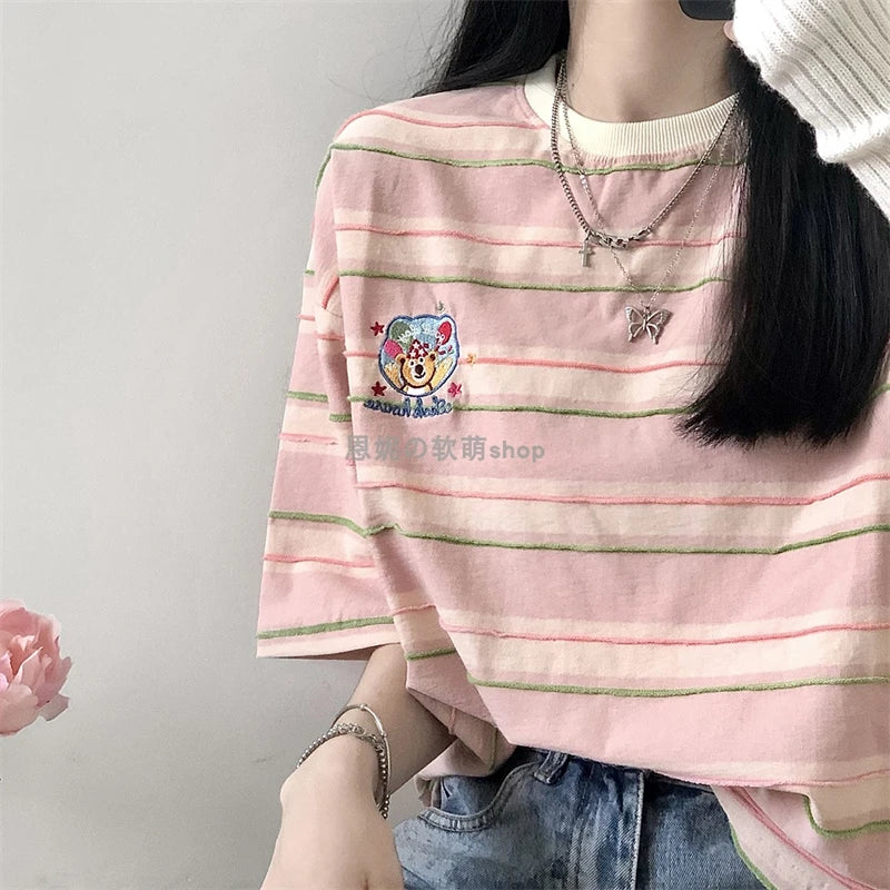 Cotton Y2k Tshirts for Women Bear Embroidery Short Sleeve O-neck Striped Tees Fashion Casual Summer T Shirts 2024 Ropa Mujer