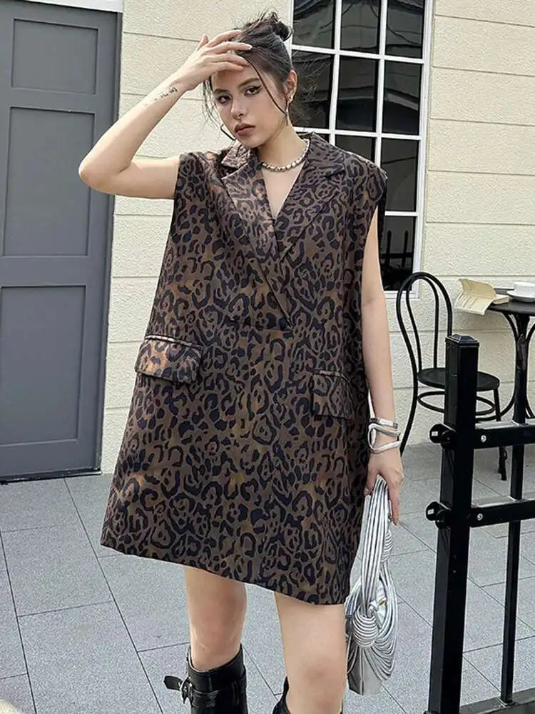 Women Leopard Print Big Size Casual Vintage Mini Vest Dress New Lapel Sleeveless Fashion Tide Spring Autumn 2025 1DH5205