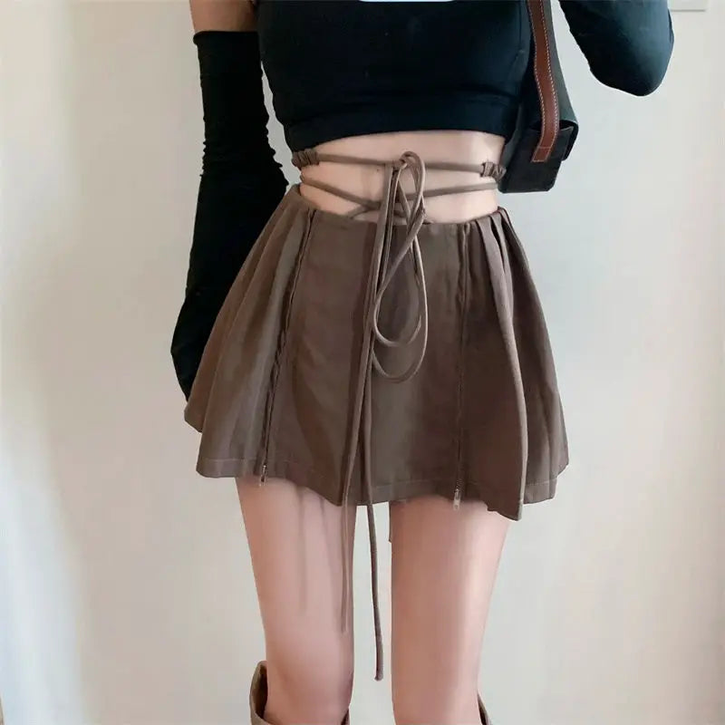 Summer High Waist Skirts Womens Sexy Mini Skirts Vintage Bandage Pleated Skirt Korean Tennis Skirts Short khaki Black