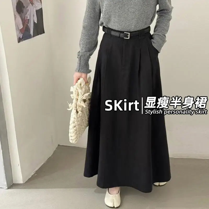 Spring Summer Korean Fashion Solid Elegant Sexy Pleated Long Skirt Women High Waist Festival Versatile Slim Skirts 2025 Casual