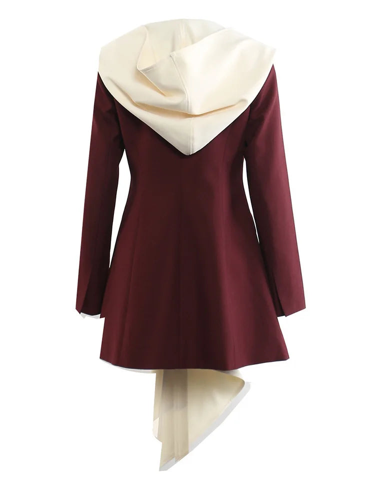 Women Wine Red Irregular Color-block Elegant Blazer New Hooded Long Sleeve Jacket Fashion Tide Spring Autumn 2025 1DH9528