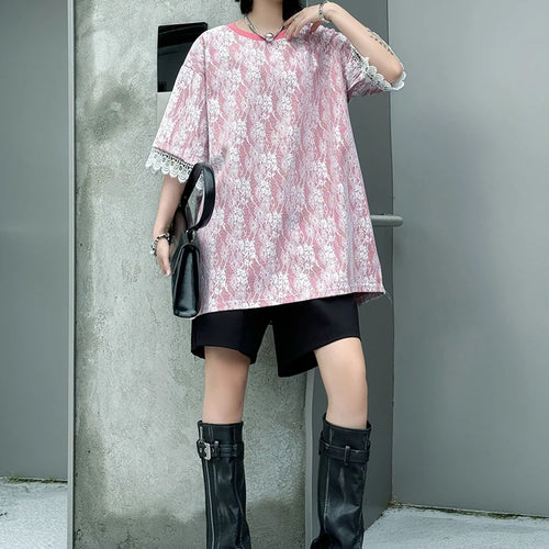 Load image into Gallery viewer, Women Black Lace Spliced Big Size Long Casual T-shirt New Round Neck Short Sleeve Fashion Tide Spring Summer 2025 1DJ1369
