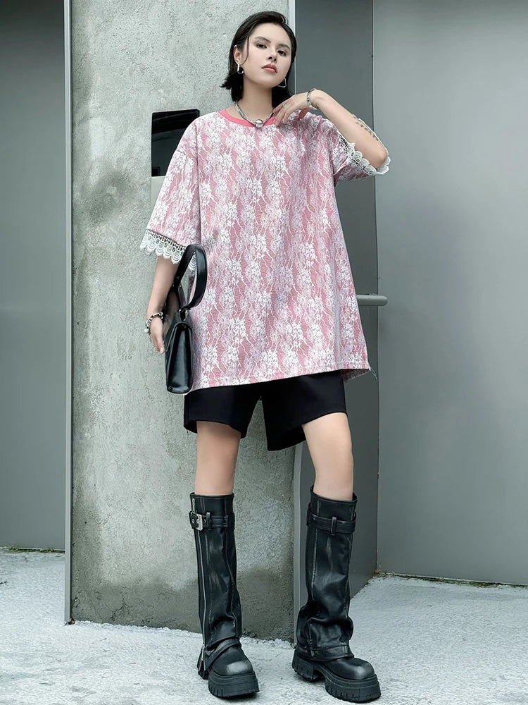 Women Black Lace Spliced Big Size Long Casual T-shirt New Round Neck Short Sleeve Fashion Tide Spring Summer 2025 1DJ1369