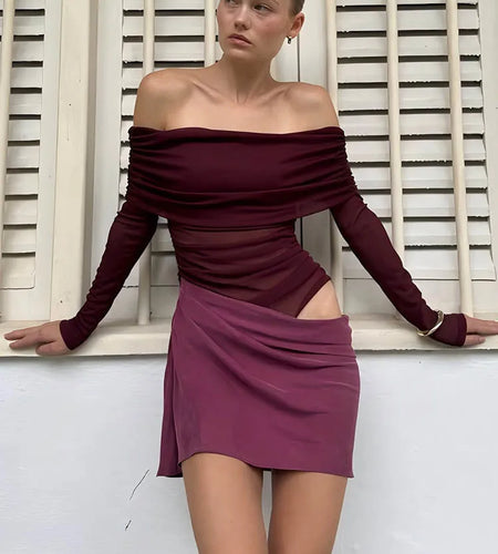 Hollow Out Off-shoulder Sexy Mini Dress Women Fashion Patchwork Strapless Long Sleeve Backless Ruched Club Dress