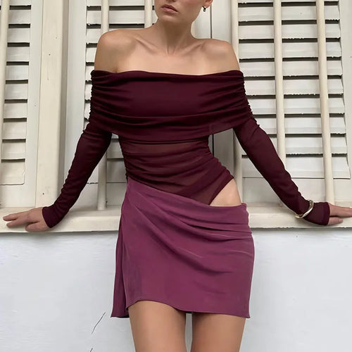 Load image into Gallery viewer, Hollow Out Off-shoulder Sexy Mini Dress Women Fashion Patchwork Strapless Long Sleeve Backless Ruched Club Dress

