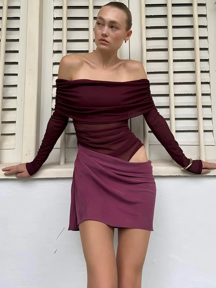 Hollow Out Off-shoulder Sexy Mini Dress Women Fashion Patchwork Strapless Long Sleeve Backless Ruched Club Dress